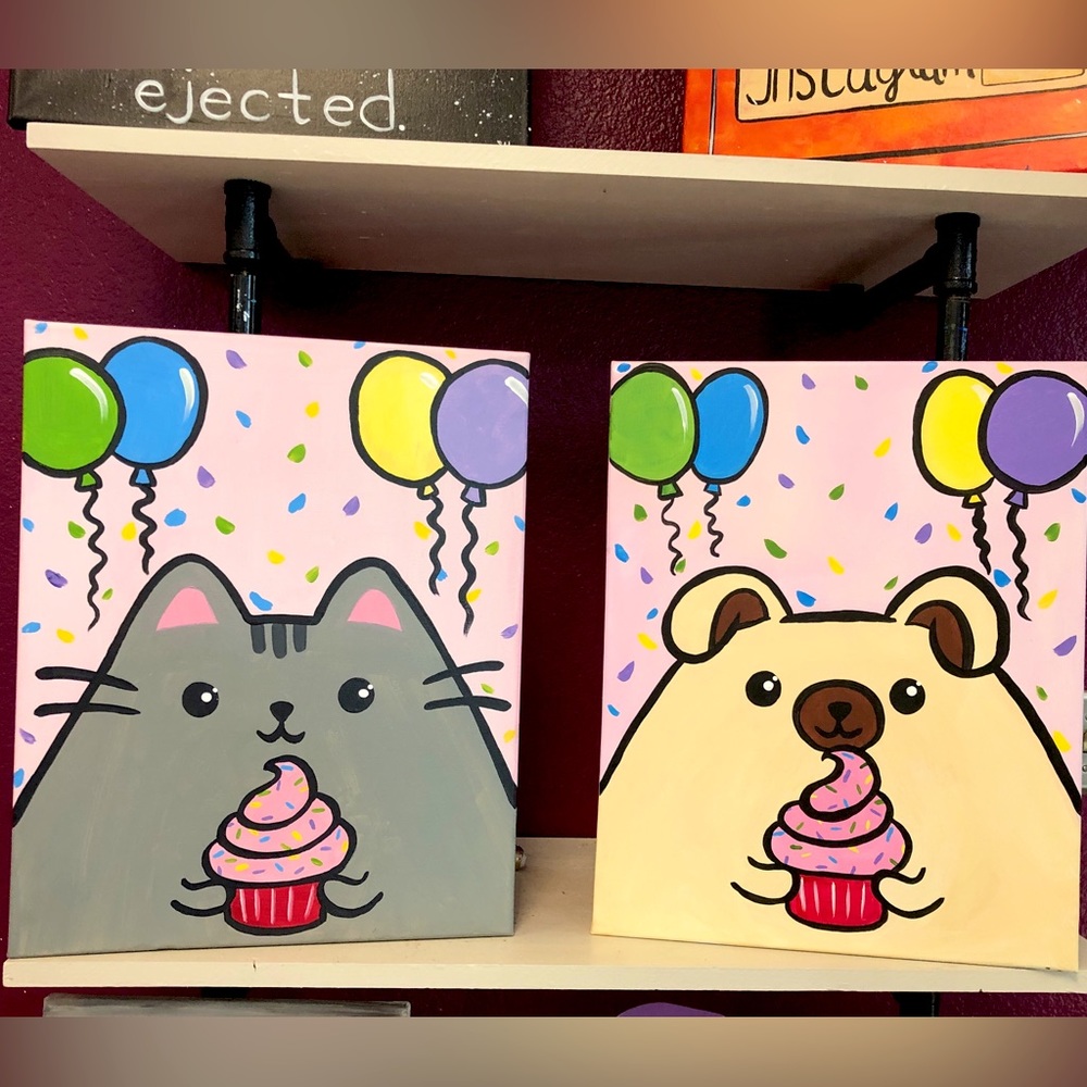 Pusheen and pupsheen party themed painting • fun art • wall decor • hand painted